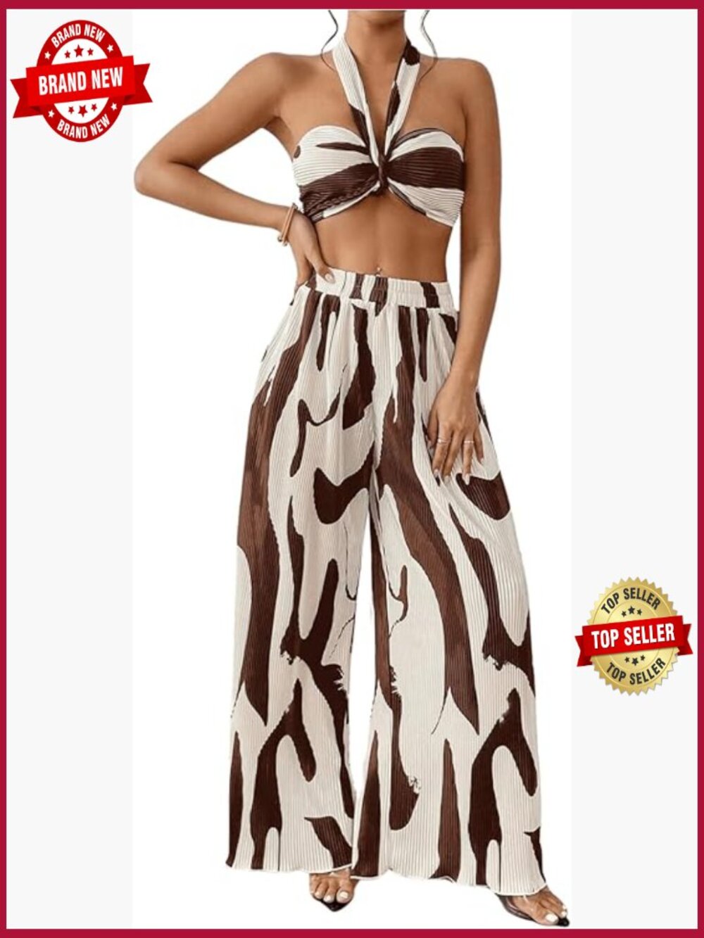 Women's 2 Piece Vacation Outfits Graphic Print Knitted Crop Halter Top and Wide